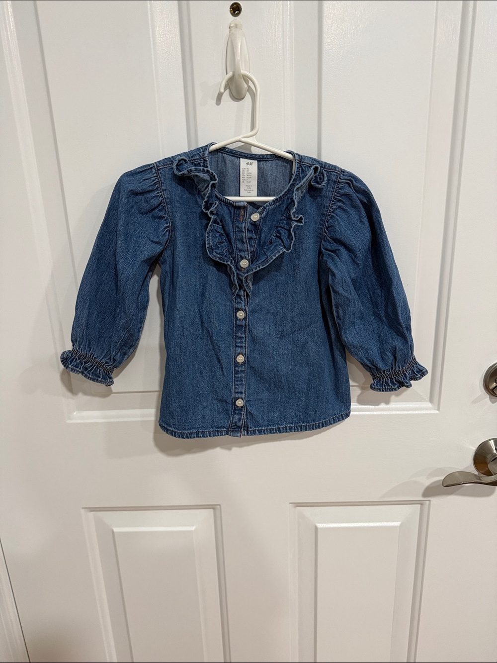 H&M Girls Denim Ruffle Button-Front Top - Blue